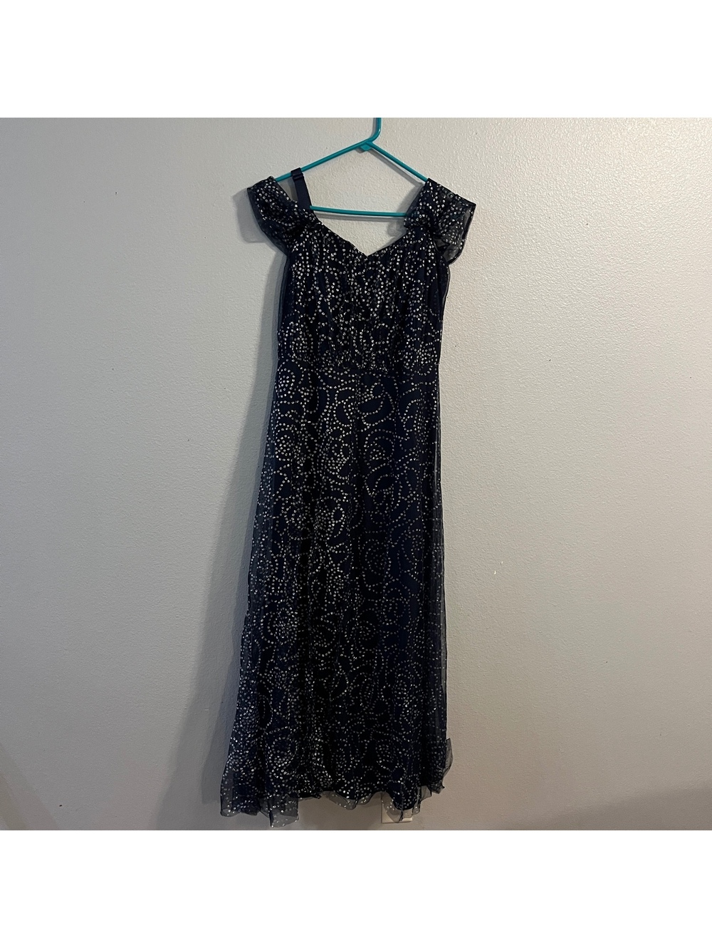 Lovely Grace 1X Navy Silver Glitter Mesh Formal Maxi Dress Evening Gown